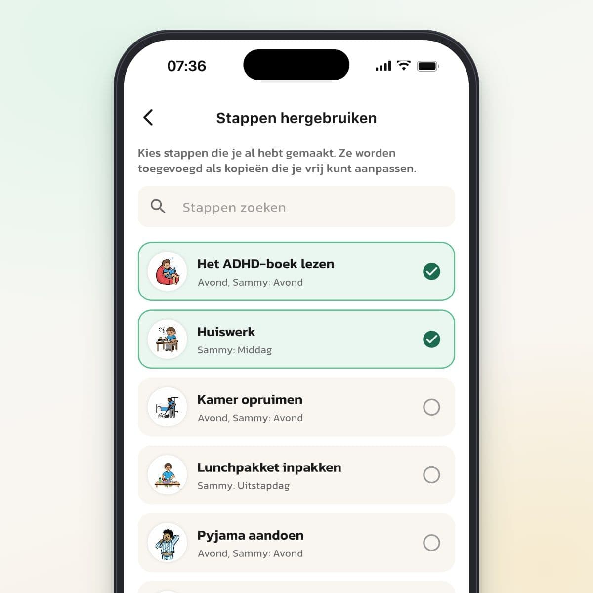 Stappen hergebruiken in Routined met de stappen Het ADHD-boek lezen en Huiswerk gekozen