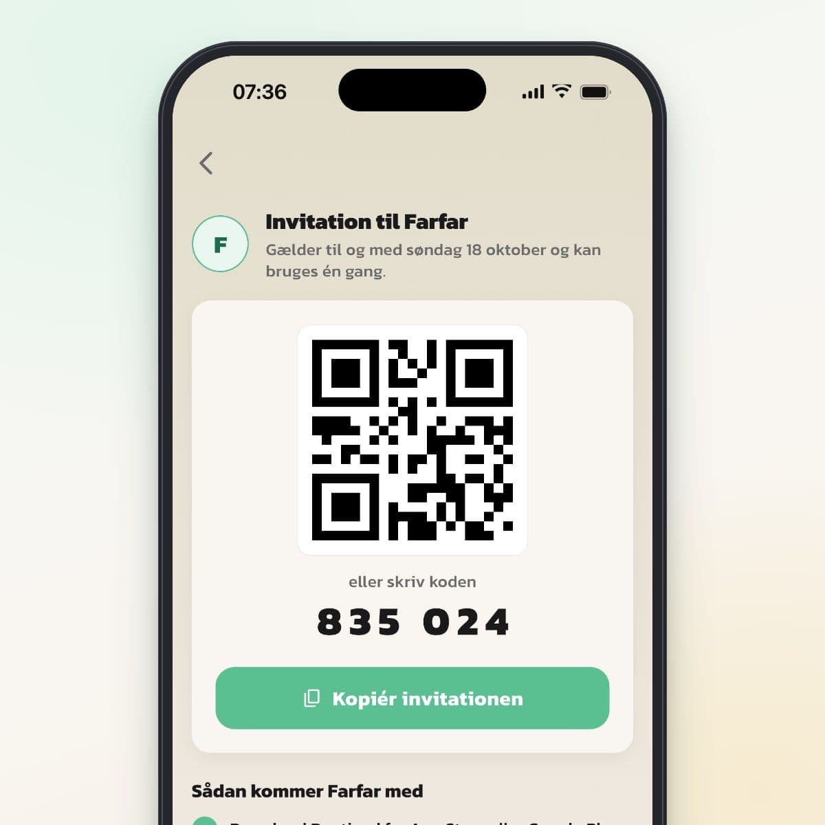 Invitation til en midlertidig hjælper i Routined med kode, QR-kode og Kopiér invitationen