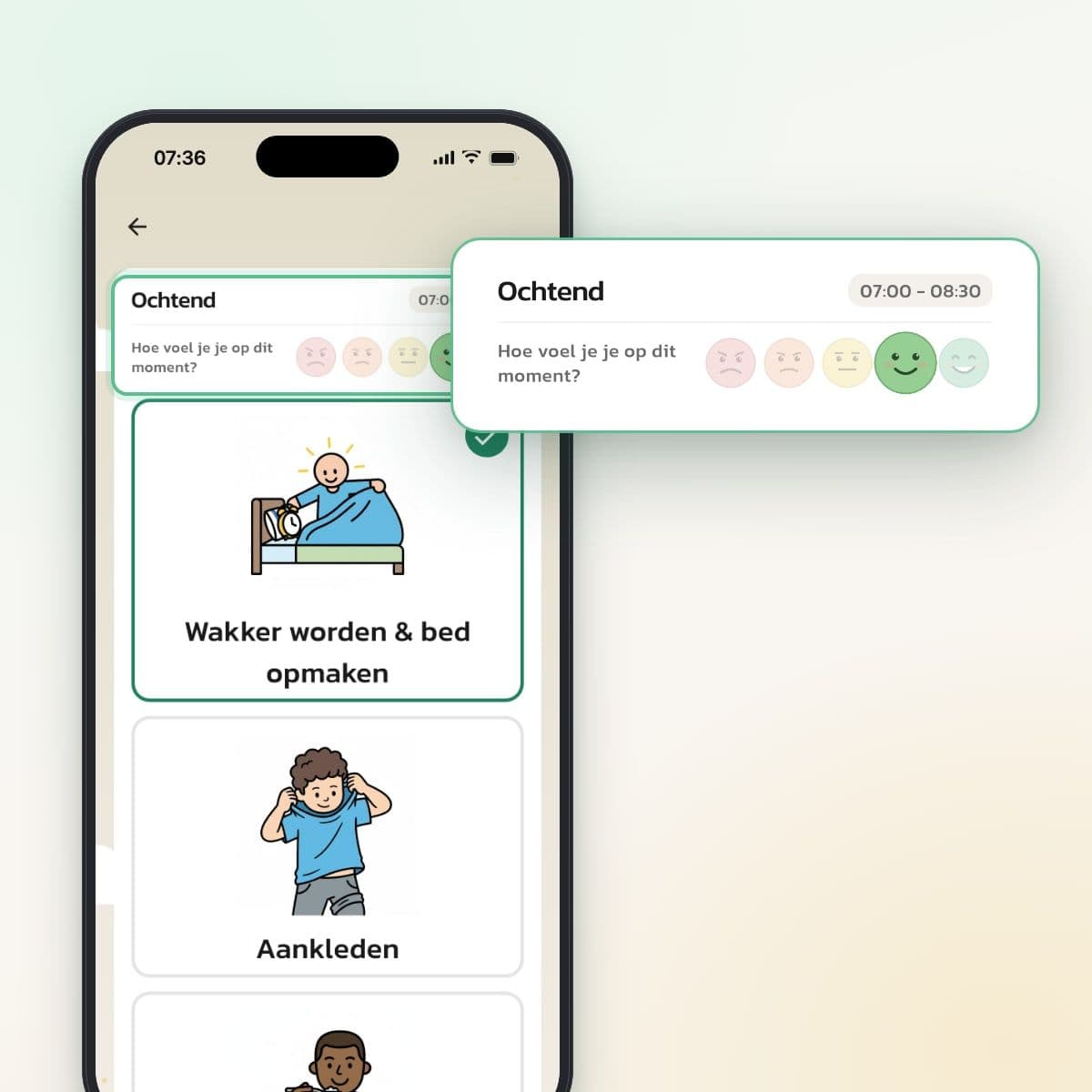 De ochtendroutine van het kind met de vraag Hoe voel je je op dit moment? op de telefoon van de ouder