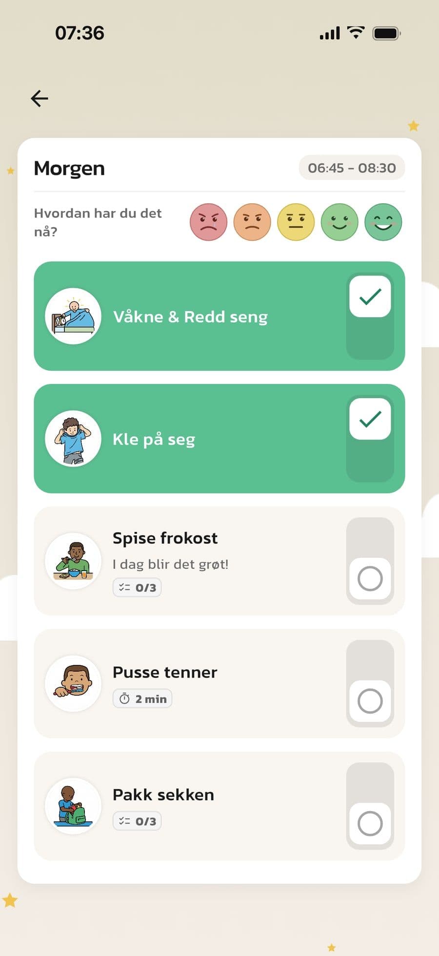 En morgenrutine i visningsmodusen Standard i Routined