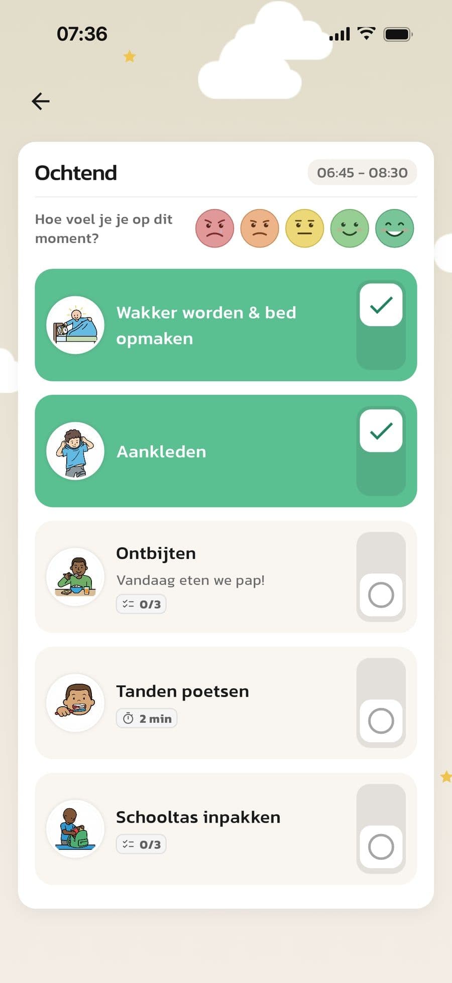 Een ochtendroutine in de weergavemodus Standaard in Routined