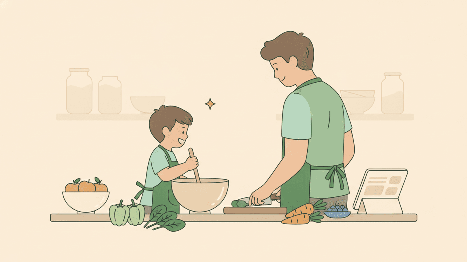 A child and a parent cooking together at a kitchen counter, the child stirring a bowl in an apron.