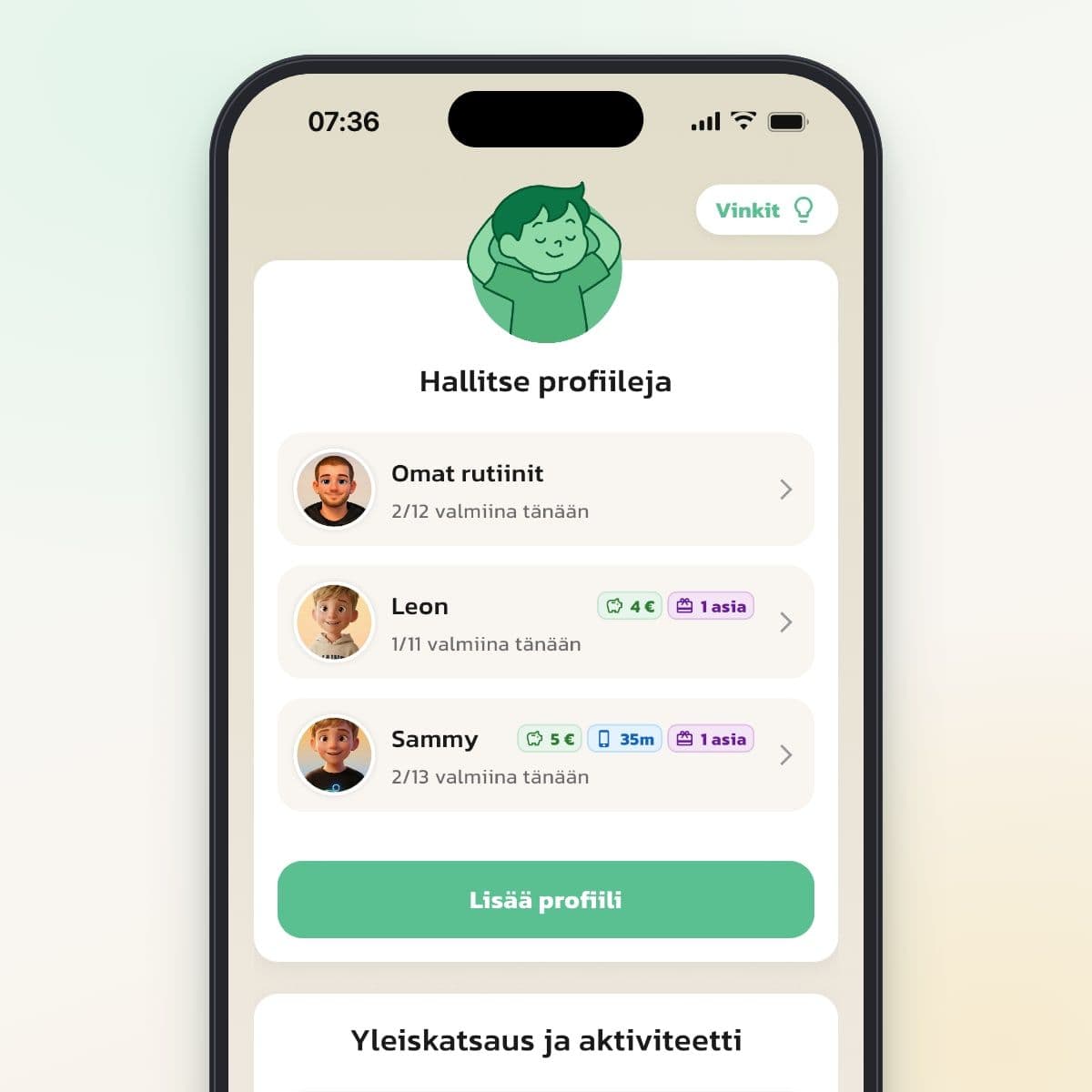 Routinedin aloitusnäyttö, jossa Omat rutiinit -kortti on lasten profiilien yläpuolella