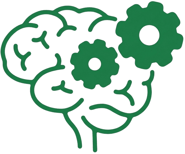 Green illustration of a brain with gears, a symbol for cognitive support.