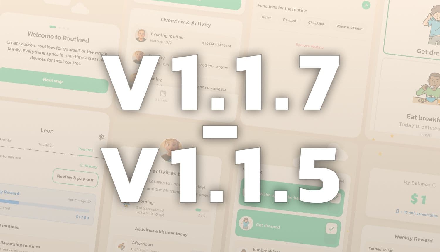 Vad är nytt i Rutinerad 1.1.5–1.1.7: Kalenderhändelser, humörskontroller, skärmtidsbelöningar och mer