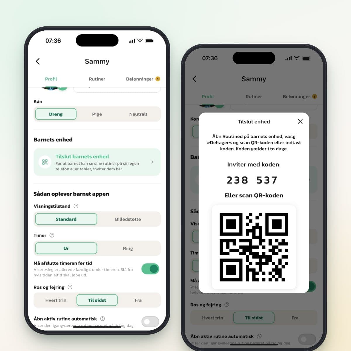 Barnets profil i Routined med Tilslut barnets enhed og dialogen Tilslut enhed med kode og QR-kode