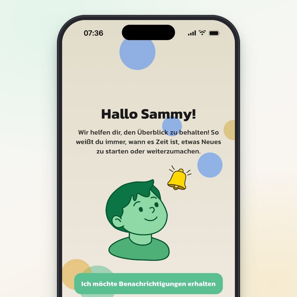 Der Willkommensbildschirm Hallo Sammy! in Routined mit dem Button Ich möchte Benachrichtigungen erhalten