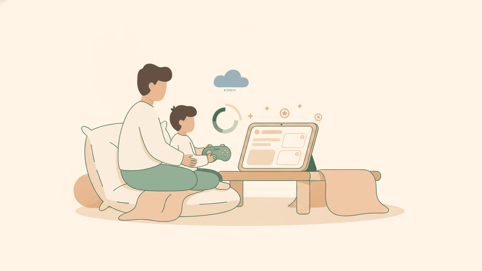 A child with a game controller beside a small countdown ring, an adult nearby for a calm transition