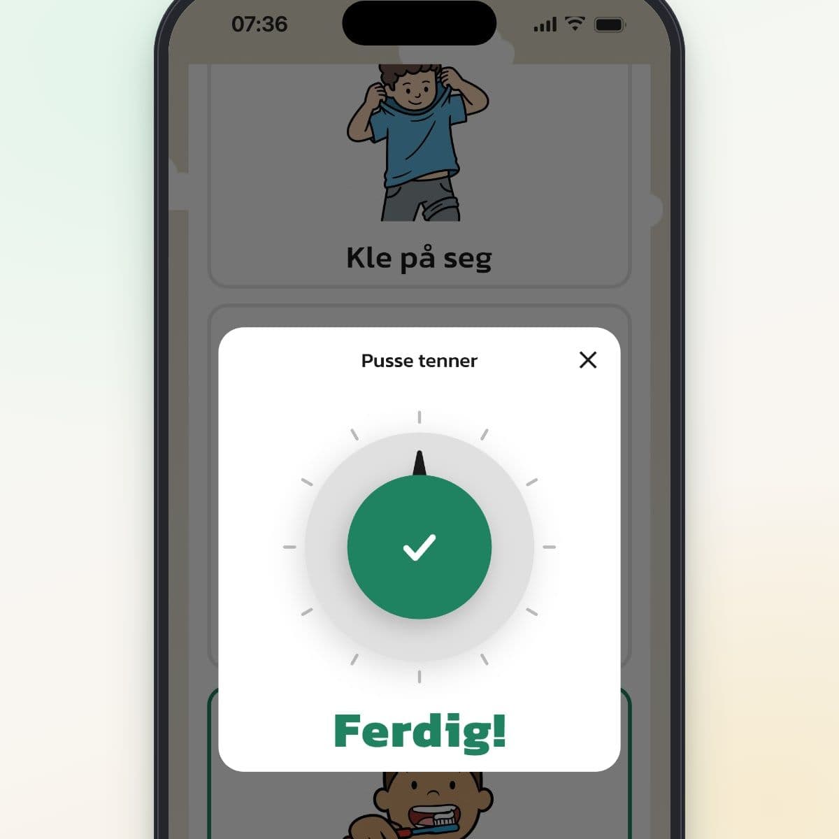 Timeren i Routined når tiden er ute, med teksten Ferdig! og en grønn hake