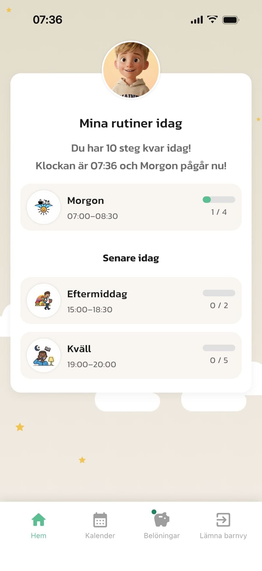 Barnets startsida i Rutinerad, öppnad med Agera som i förälderns mobil