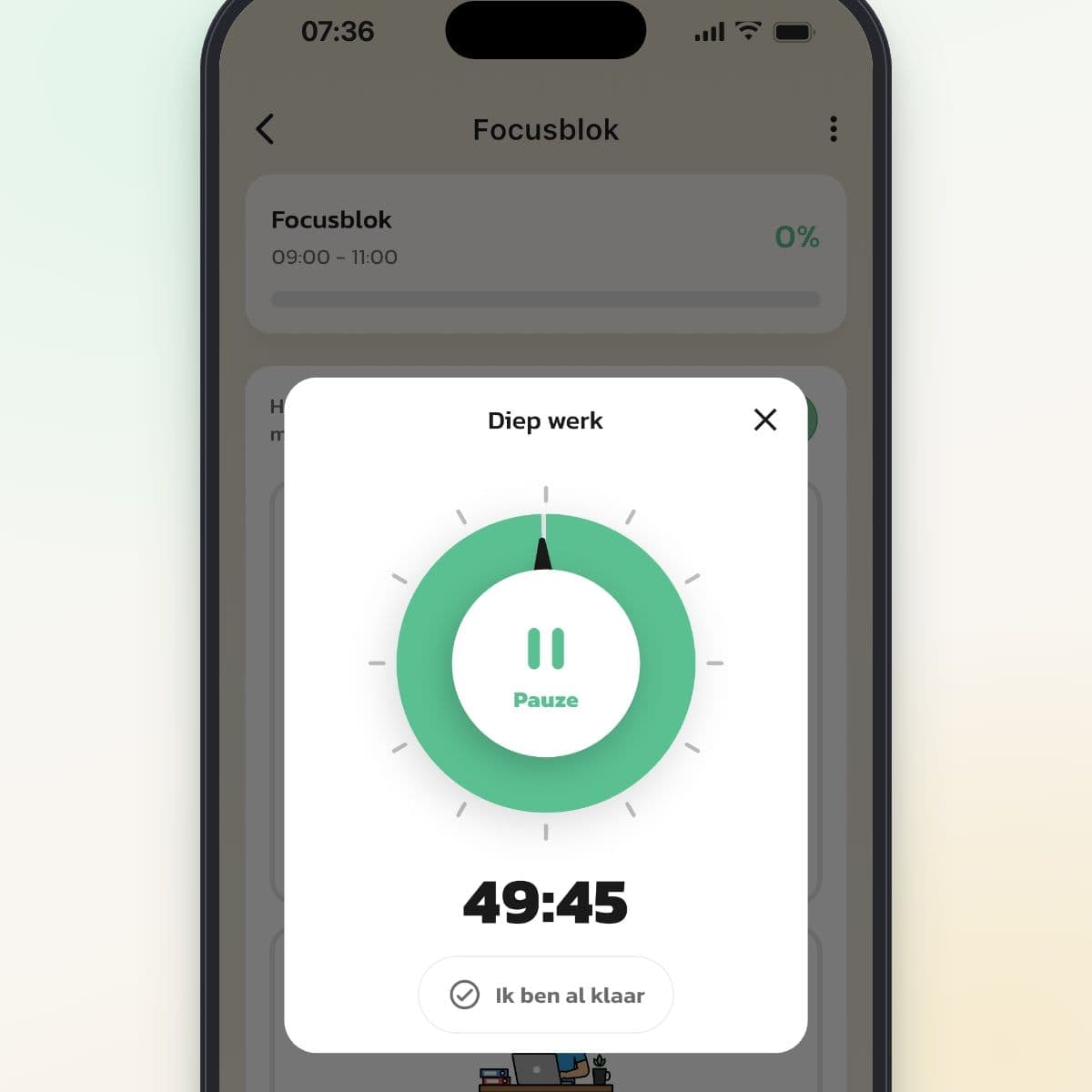 De timer in Routined bij de stap Diep werk, met nog 49:50 te gaan