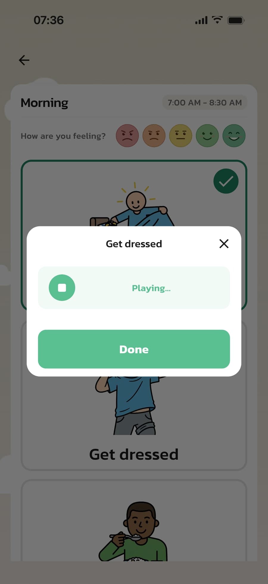 A voice message plays when the child opens the Get dressed step in Routined