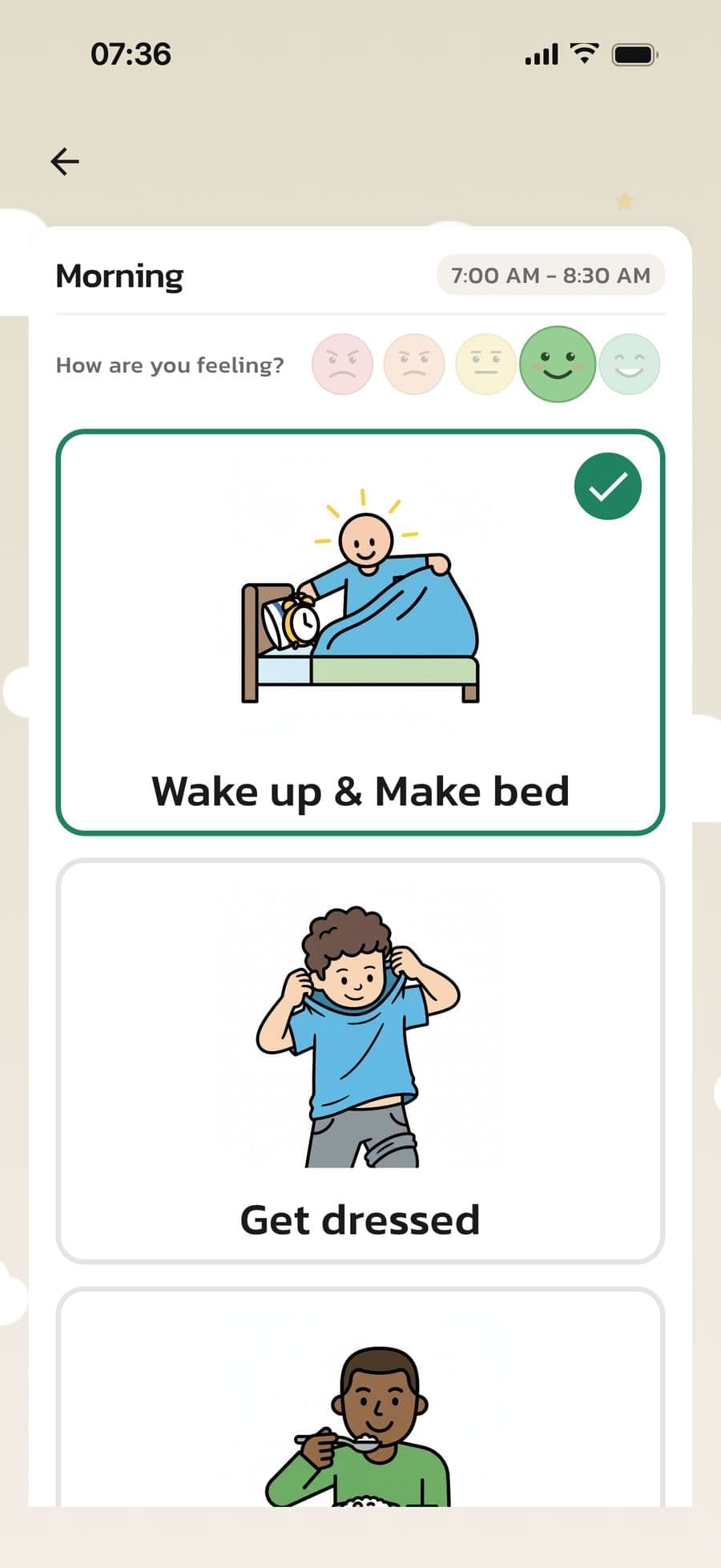 The child's morning routine in Routined with the question How are you feeling? and a face selected