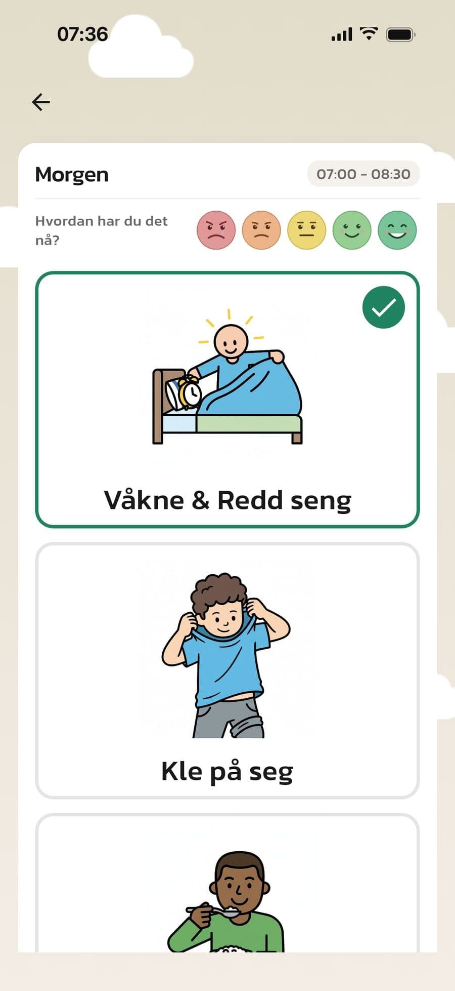 En morgenrutine med store bildekort i Routined