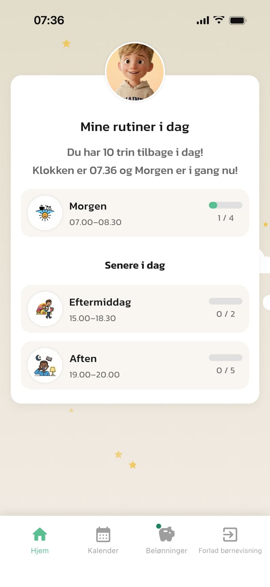 Barnets startside i Routined, åbnet med Optræd som på forælderens mobil