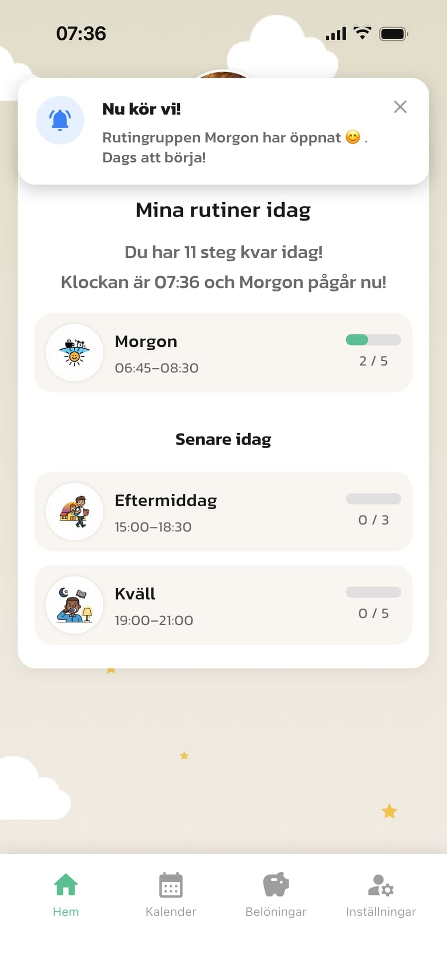 Barnets startsida i Rutinerad med notisen Nu kör vi! när morgonrutinen börjar