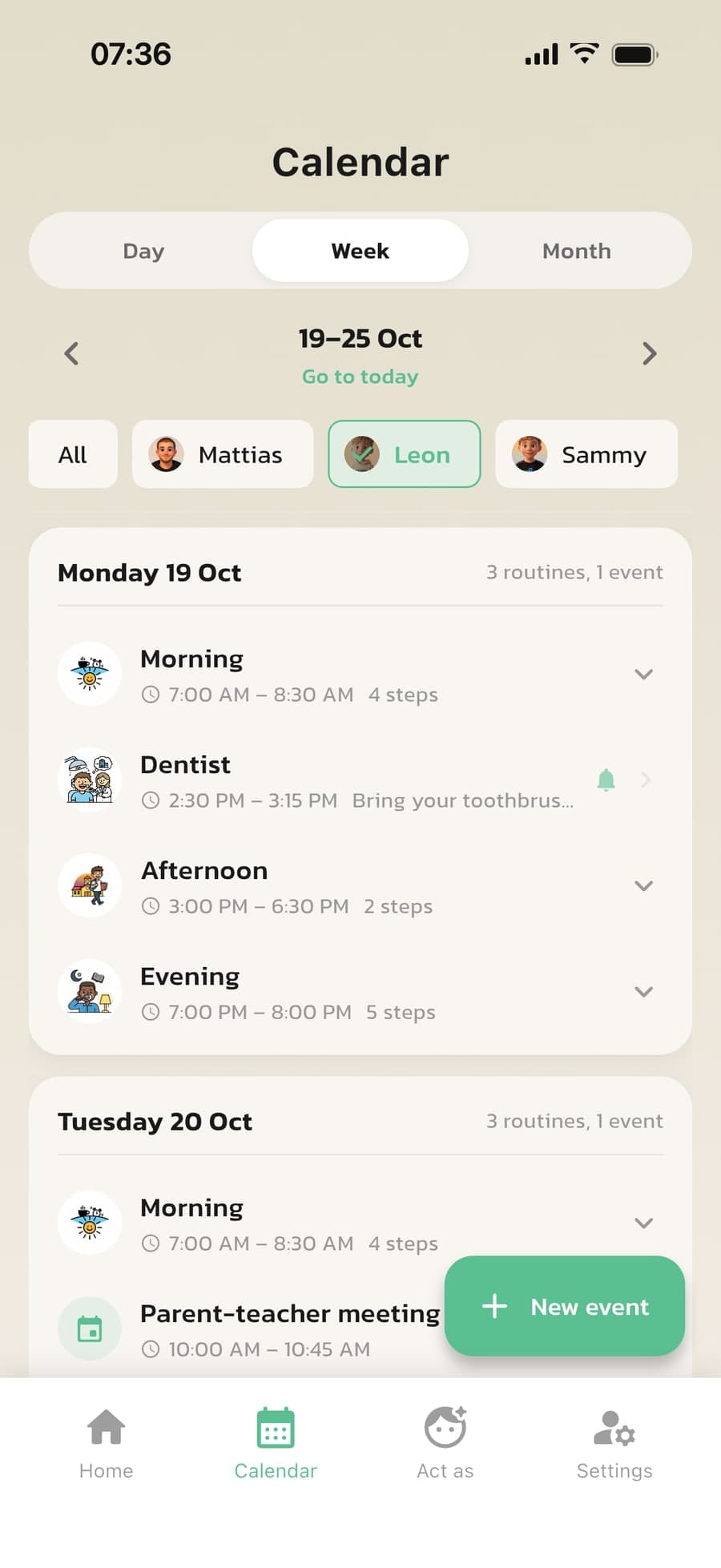 The calendar in Routined with the child's routines and a dentist appointment