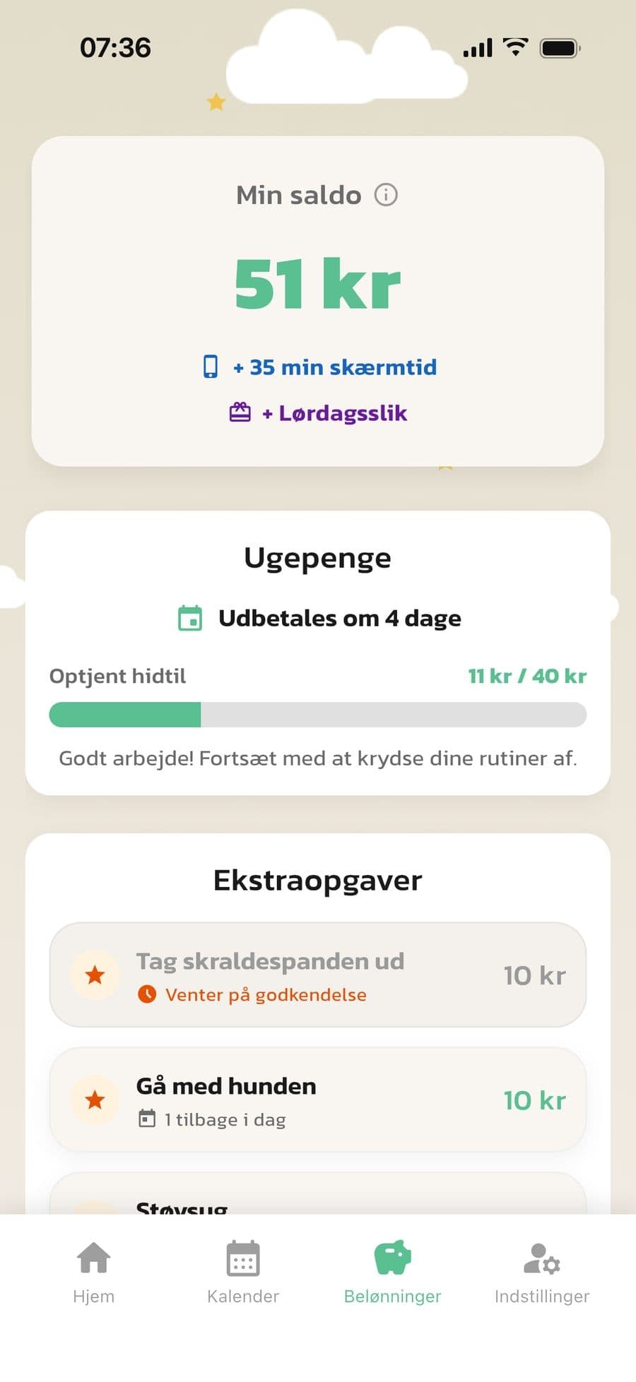 Barnets fane Belønninger i Routined med saldo, ugepenge og ekstraopgaver