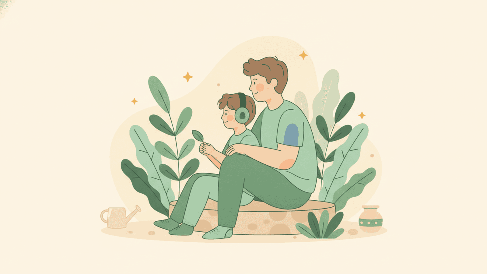 A parent and child sitting side by side on a doorstep, looking out in the same direction while they talk.