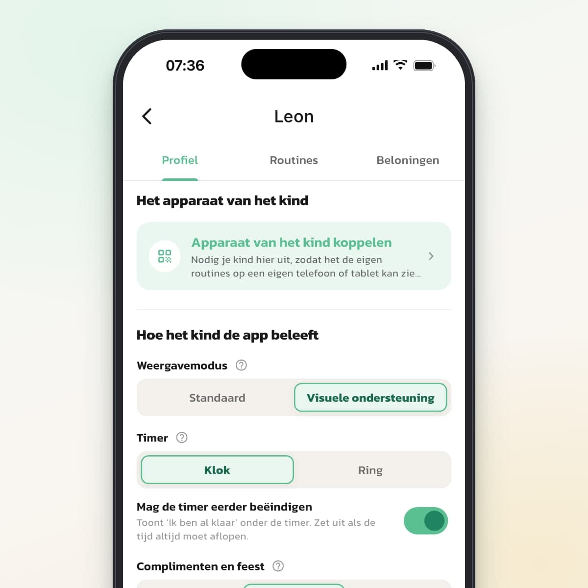 Het onderdeel Hoe het kind de app beleeft in het profiel van het kind, met Weergavemodus en Timer