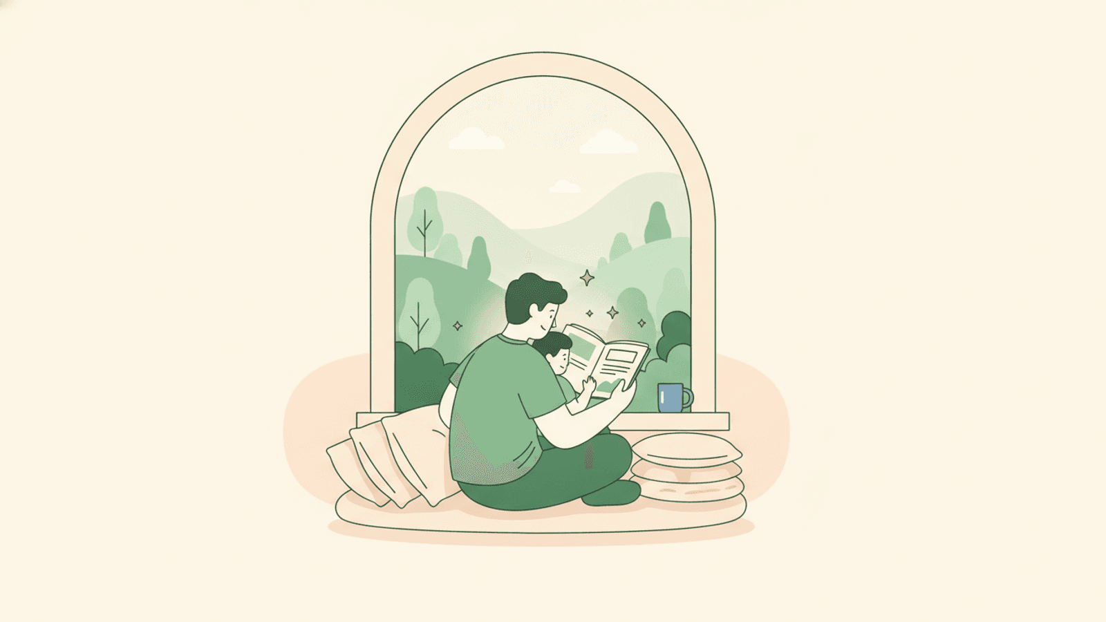 A parent and one child sharing a quiet moment reading together on a window seat