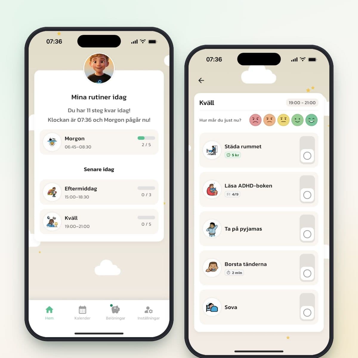 Barnets startsida och kvällsrutin i Rutinerad på barnets egen telefon