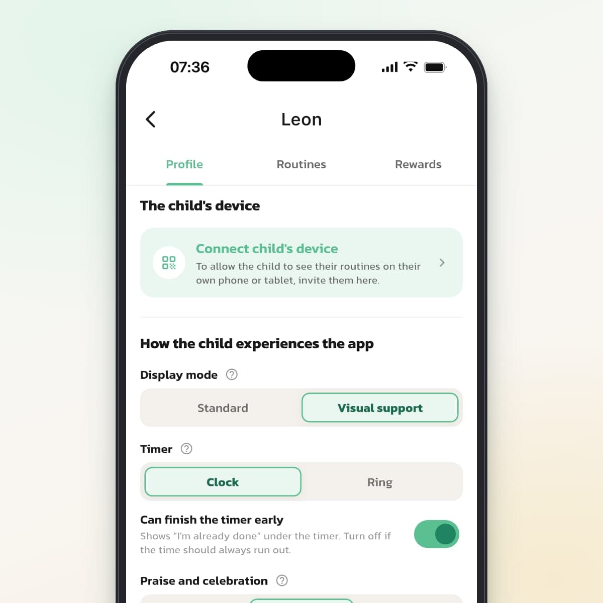 The How the child experiences the app section in the child's profile, with Display mode and Timer