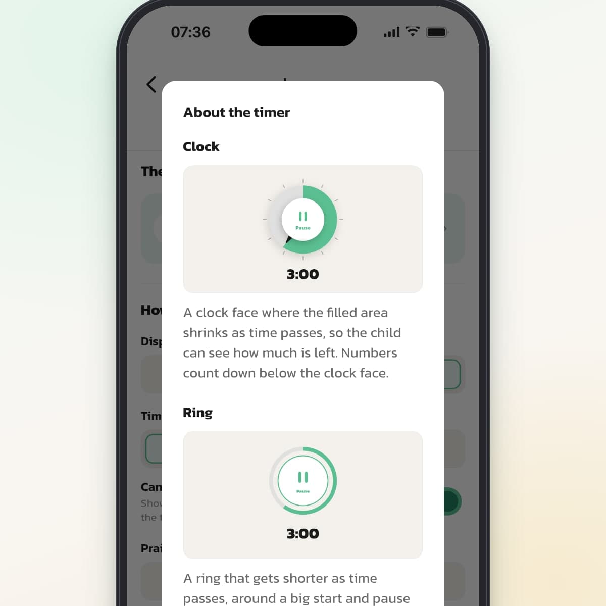 The About the timer dialog in Routined showing the Clock and Ring styles