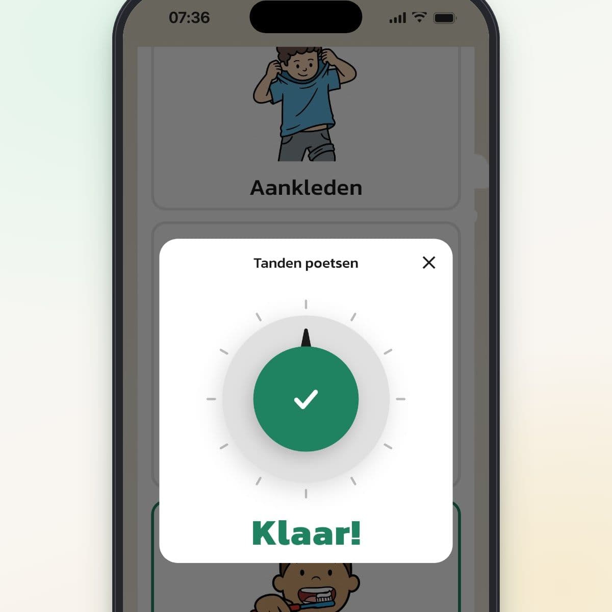 De timer in Routined als de tijd om is, met de tekst Klaar! en een groen vinkje