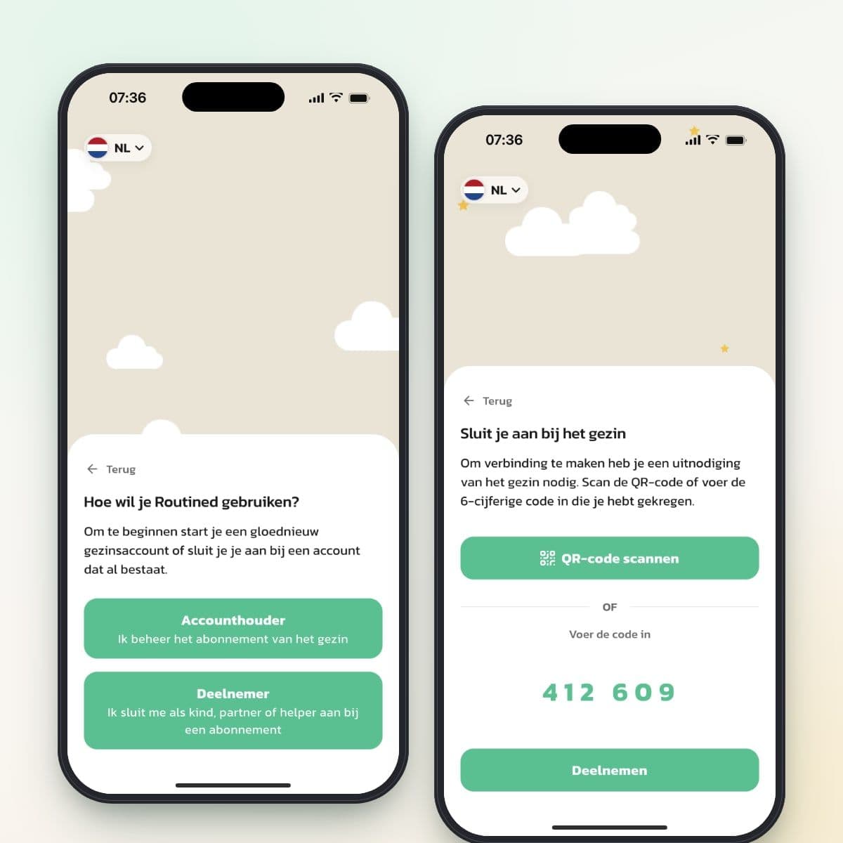 Routined op het apparaat van het kind met de keuze Deelnemer en de ingevoerde code onder Sluit je aan bij het gezin