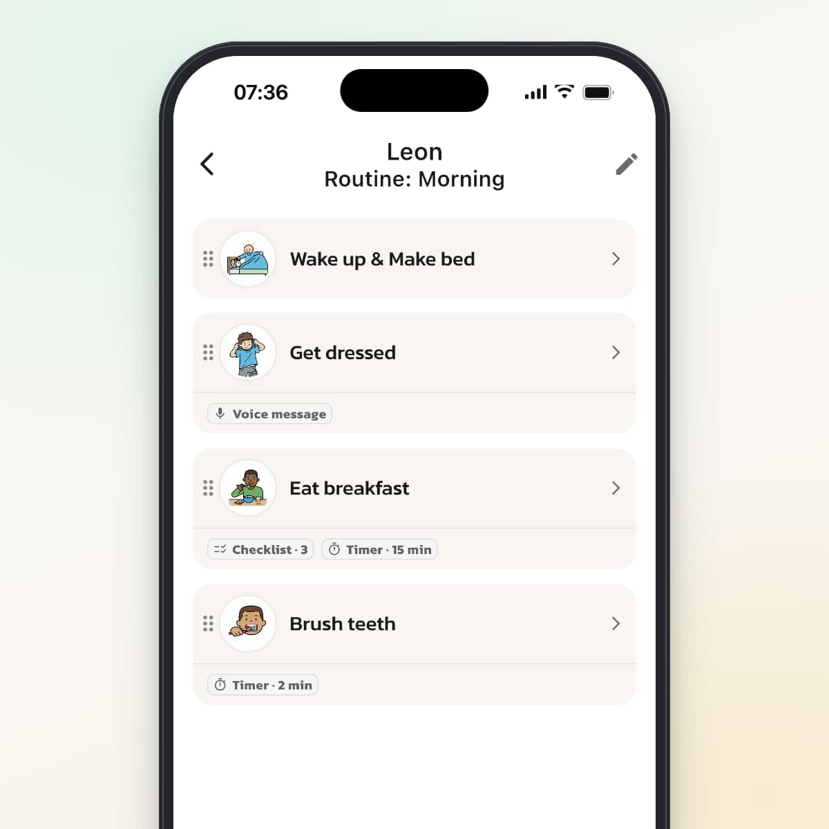The step list in Routined where the Get dressed step has the Voice message label