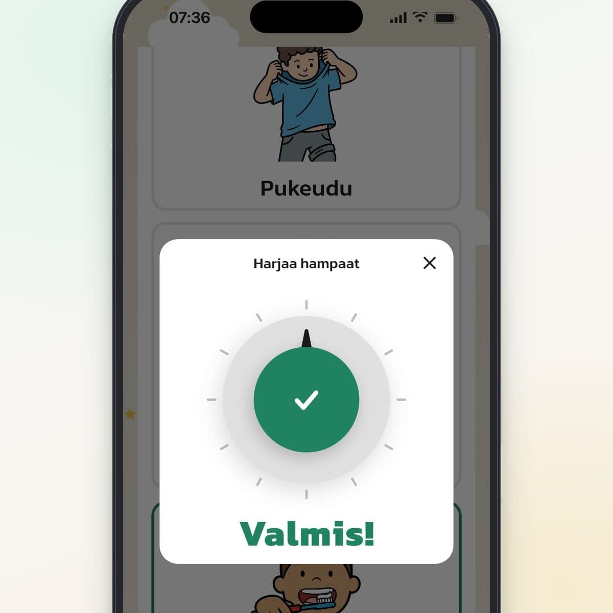 Routinedin ajastin, kun aika on loppunut: teksti Valmis! ja vihreä valintamerkki