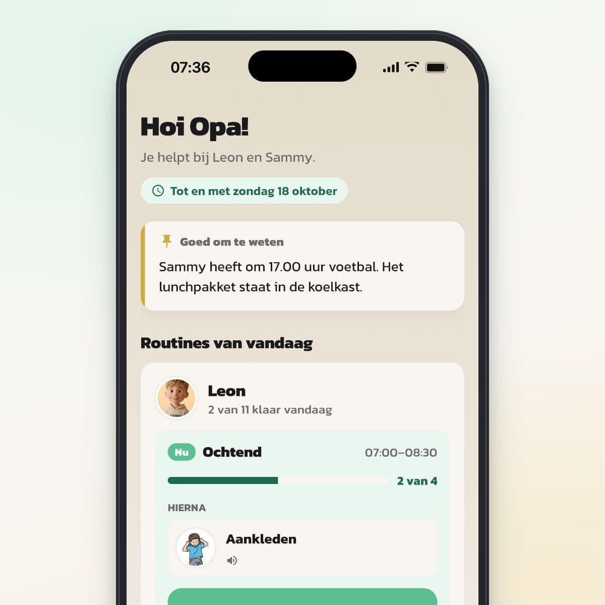 Het startscherm van de helper in Routined met de routine van vandaag en de volgende stap