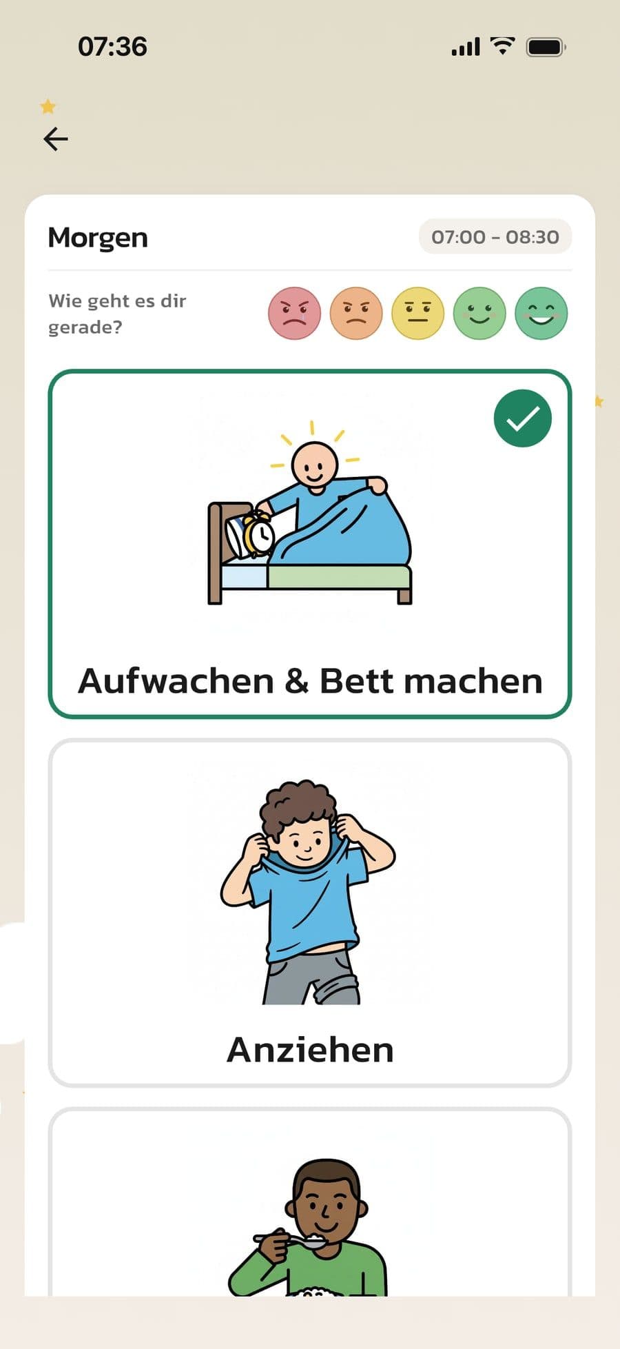 Eine Morgenroutine mit großen Bildkarten in Routined