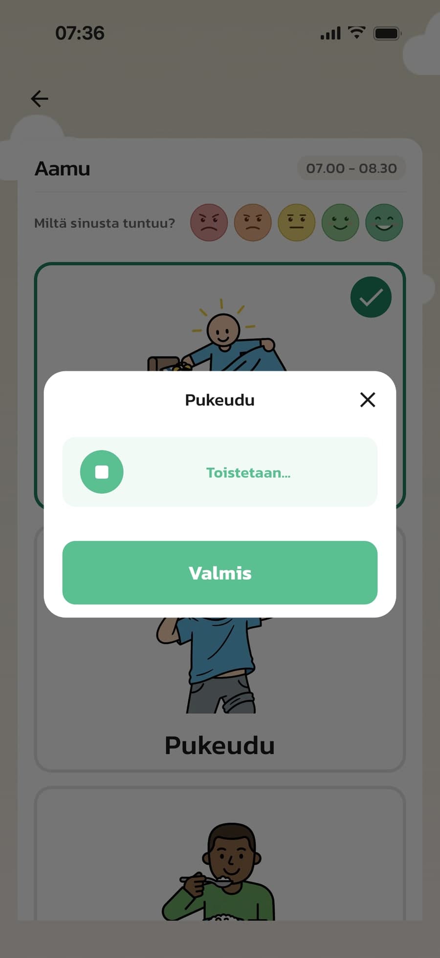 Ääniviesti toistetaan, kun lapsi avaa vaiheen Pukeudu Routinedissa