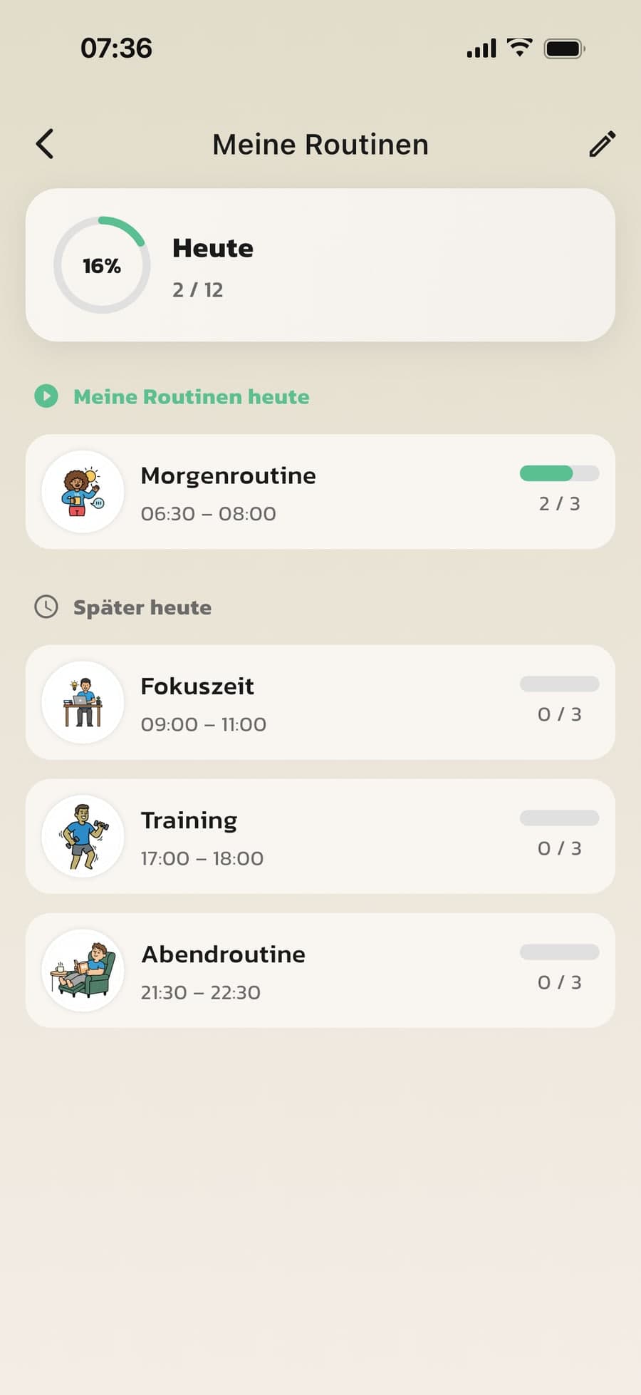 Meine Routinen in Routined mit den eigenen Routinen eines Erwachsenen für heute