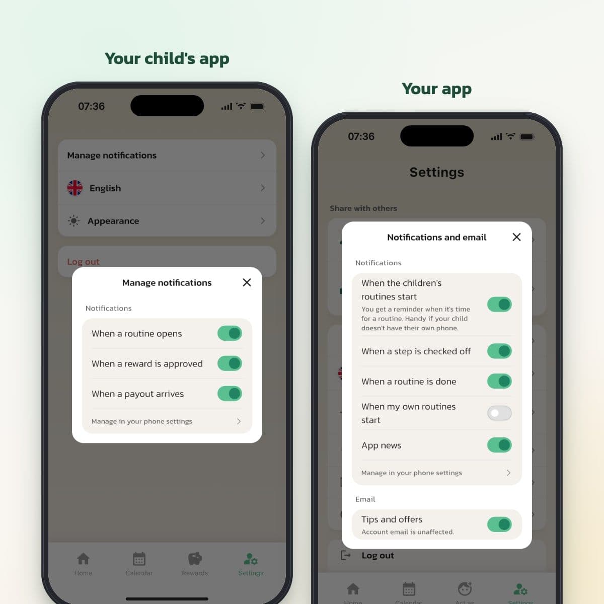Manage notifications on the child's device and Notifications and email in the parent's app in Routined