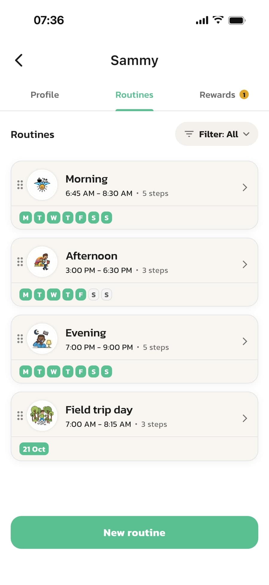 Sammy's routines in Routined: Morning, Afternoon and Evening with times and weekdays