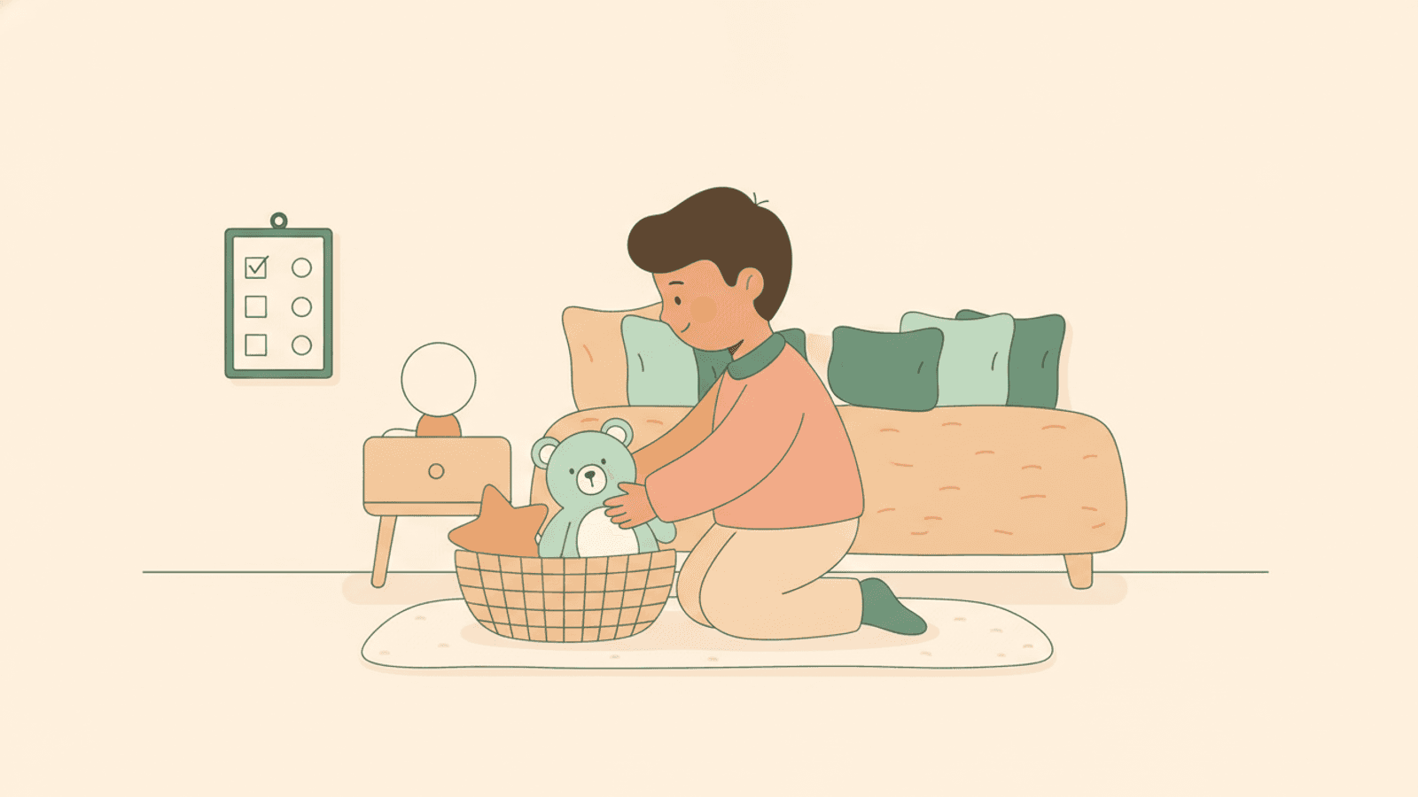 A child putting toys into a basket in a tidy room beside a simple picture checklist on the wall