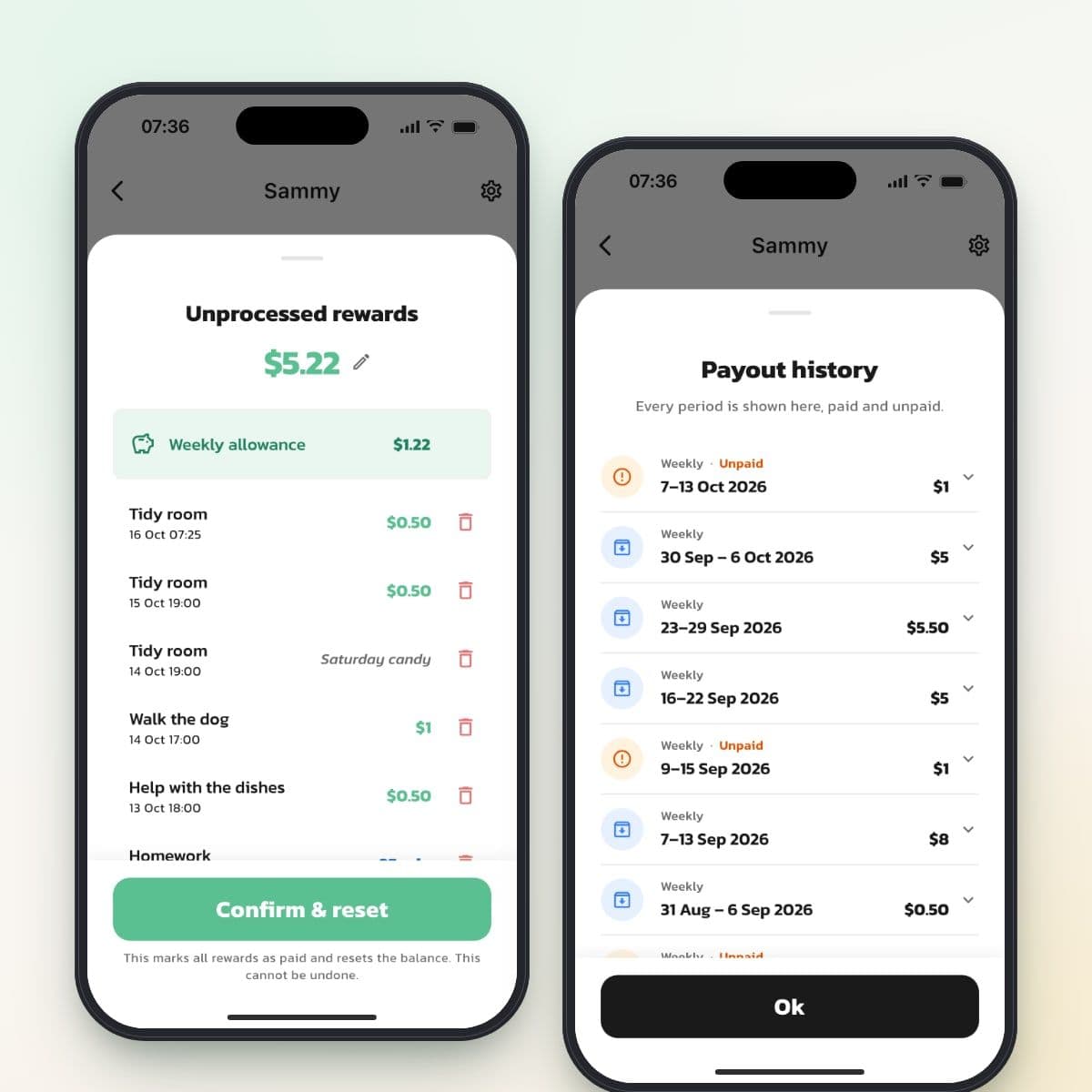 Unprocessed rewards in Routined with the weekly allowance and step rewards, and the payout history week by week