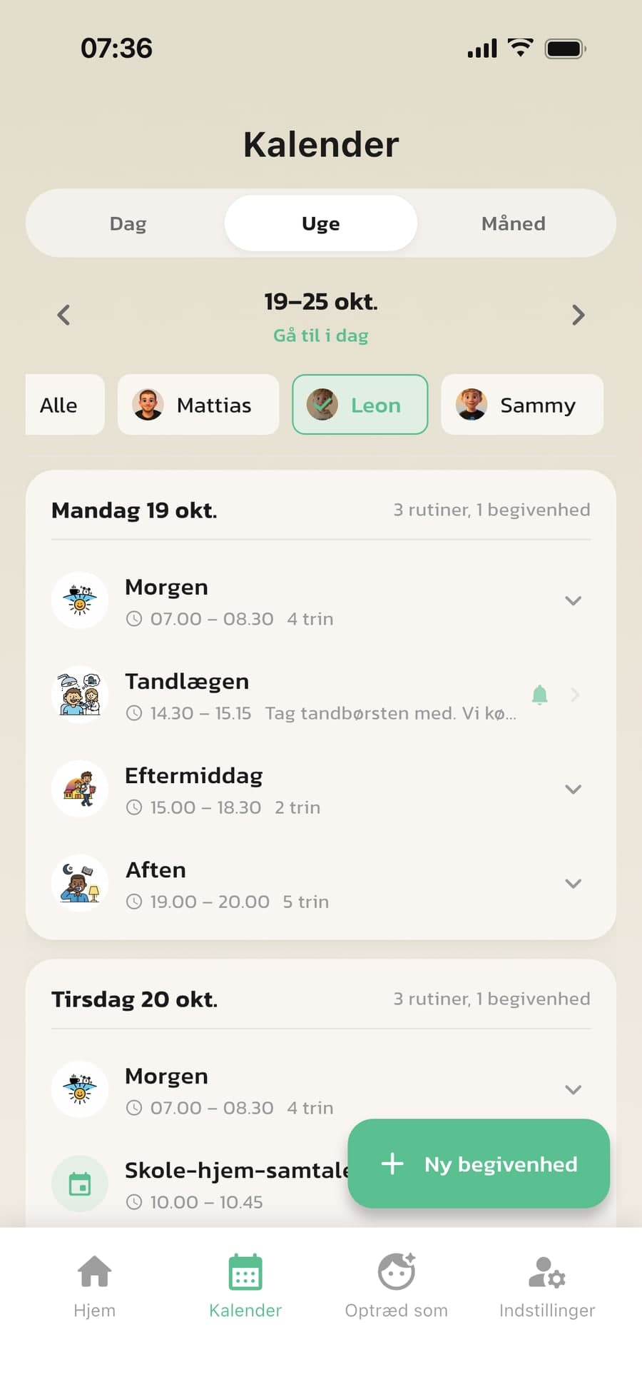Kalenderen i Routined med barnets rutiner og et tandlægebesøg