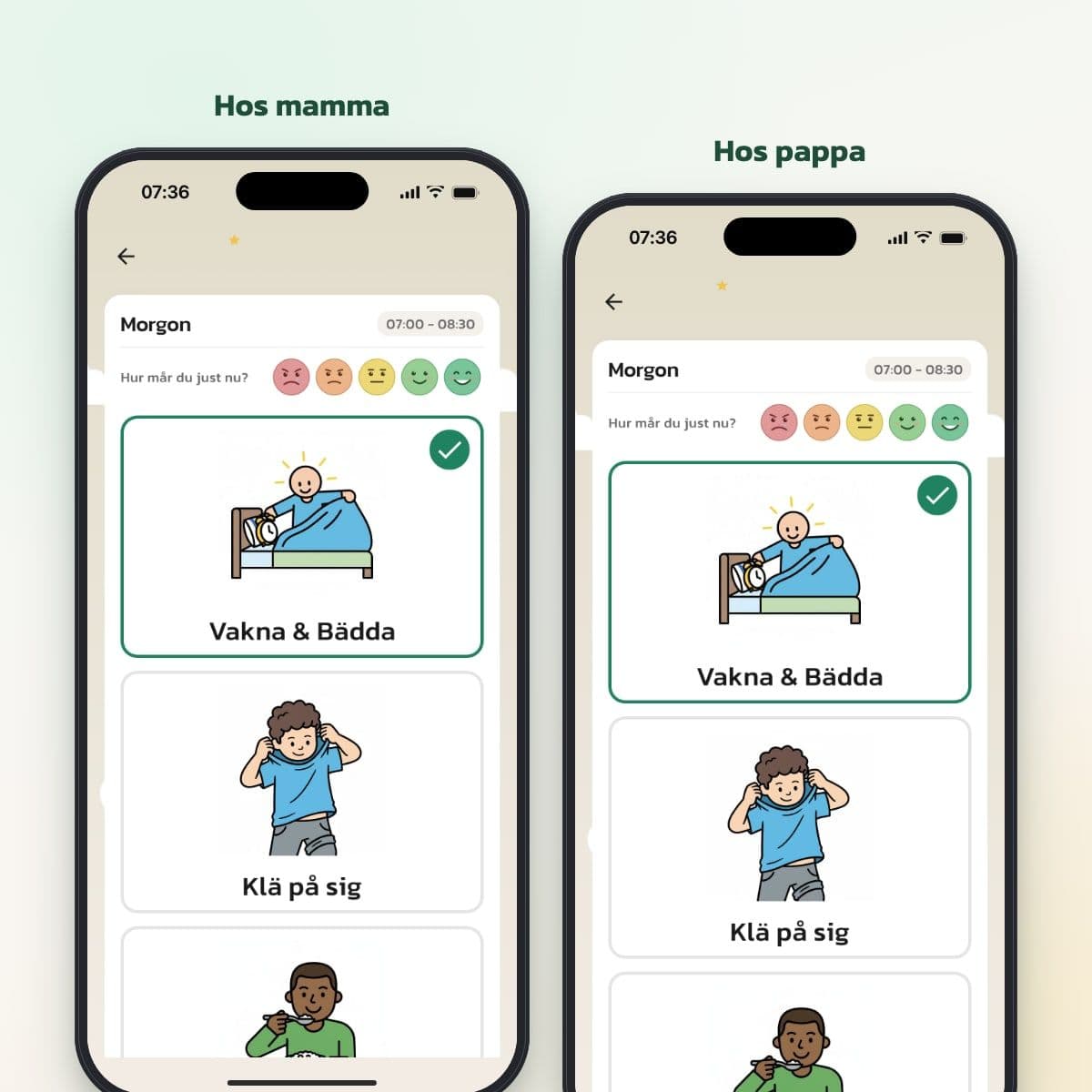 Samma morgonrutin med bildstöd på två telefoner, hos mamma och hos pappa
