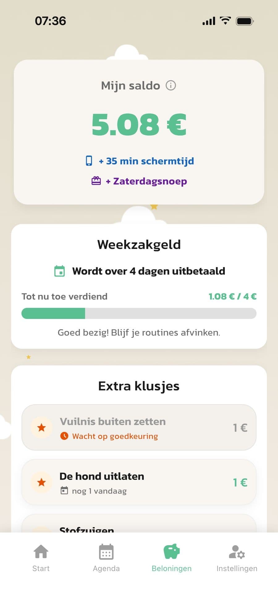 Het tabblad Beloningen van het kind in Routined met saldo, weekzakgeld en extra klusjes