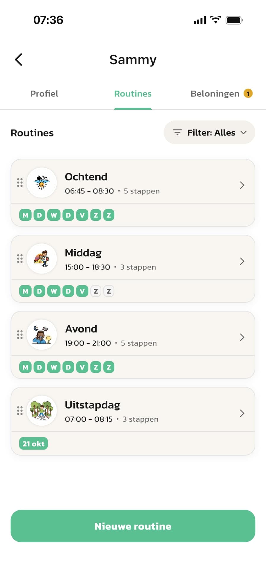 De routines van Sammy in Routined: Ochtend, Middag en Avond met weekdagen en Uitstapdag op een gekozen datum