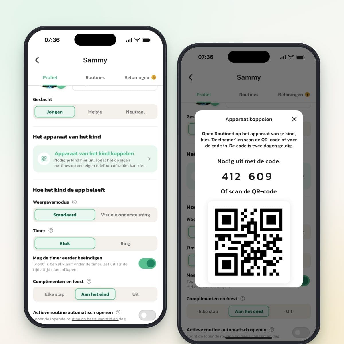 Het profiel van het kind in Routined met Apparaat van het kind koppelen, en het venster Apparaat koppelen met code en QR-code