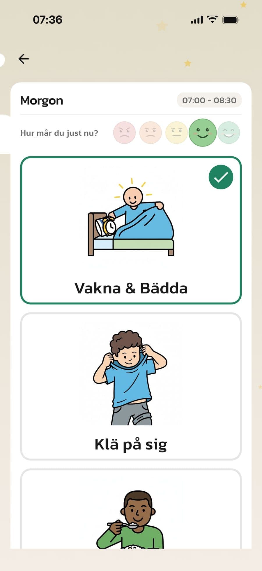 Barnets morgonrutin i Rutinerad med frågan Hur mår du just nu? och ett valt ansikte