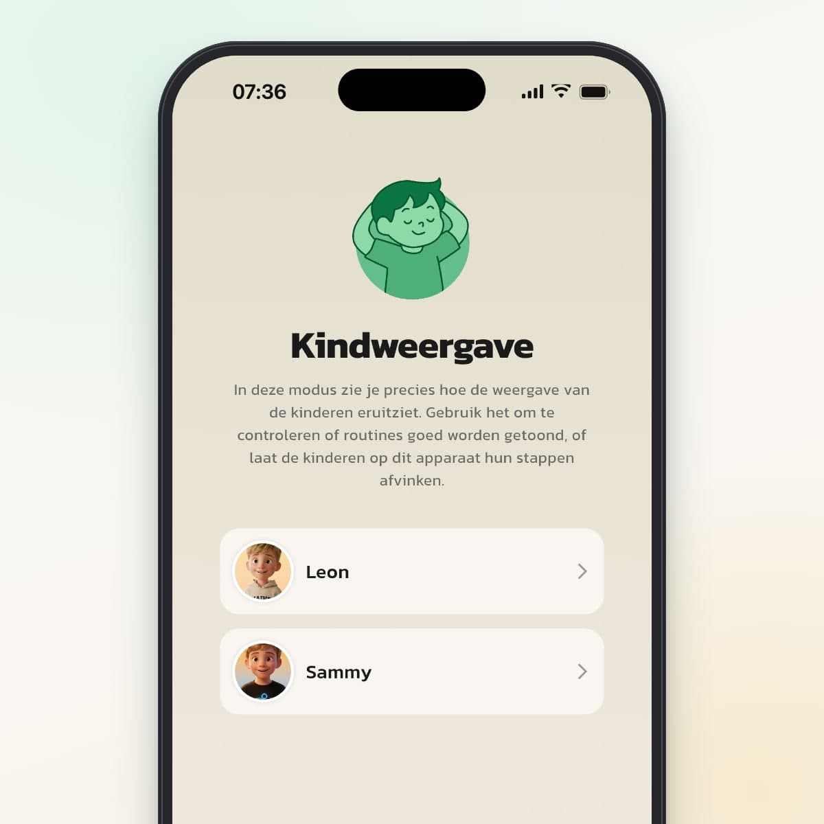 Het tabblad Kindweergave in Routined met twee kindprofielen om uit te kiezen
