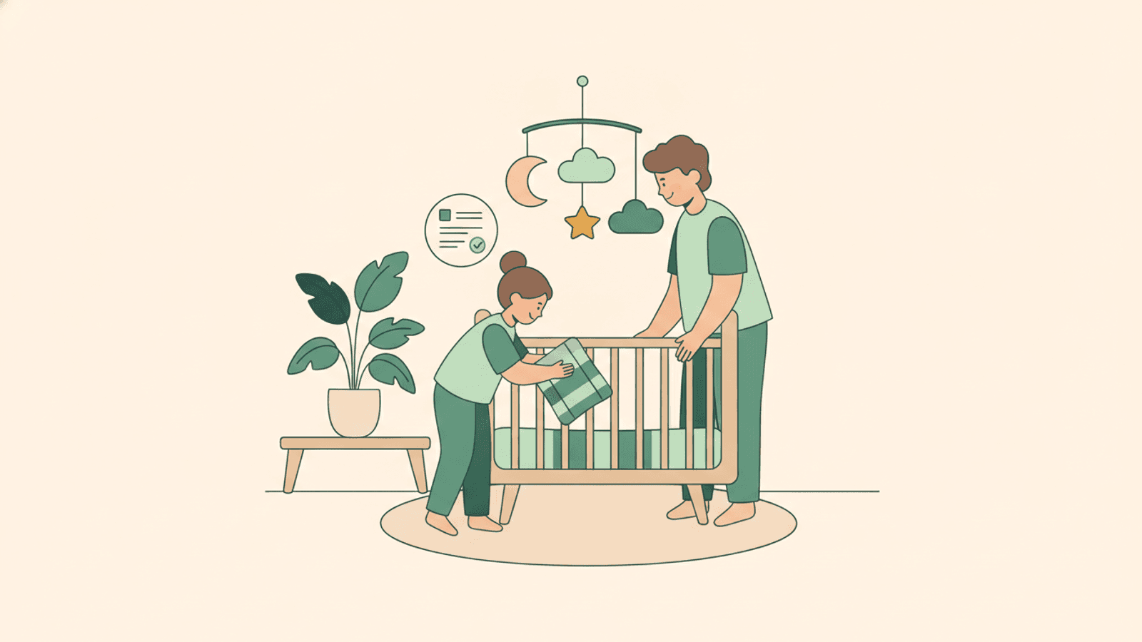 An older sibling placing a small blanket in a crib while a parent looks on warmly