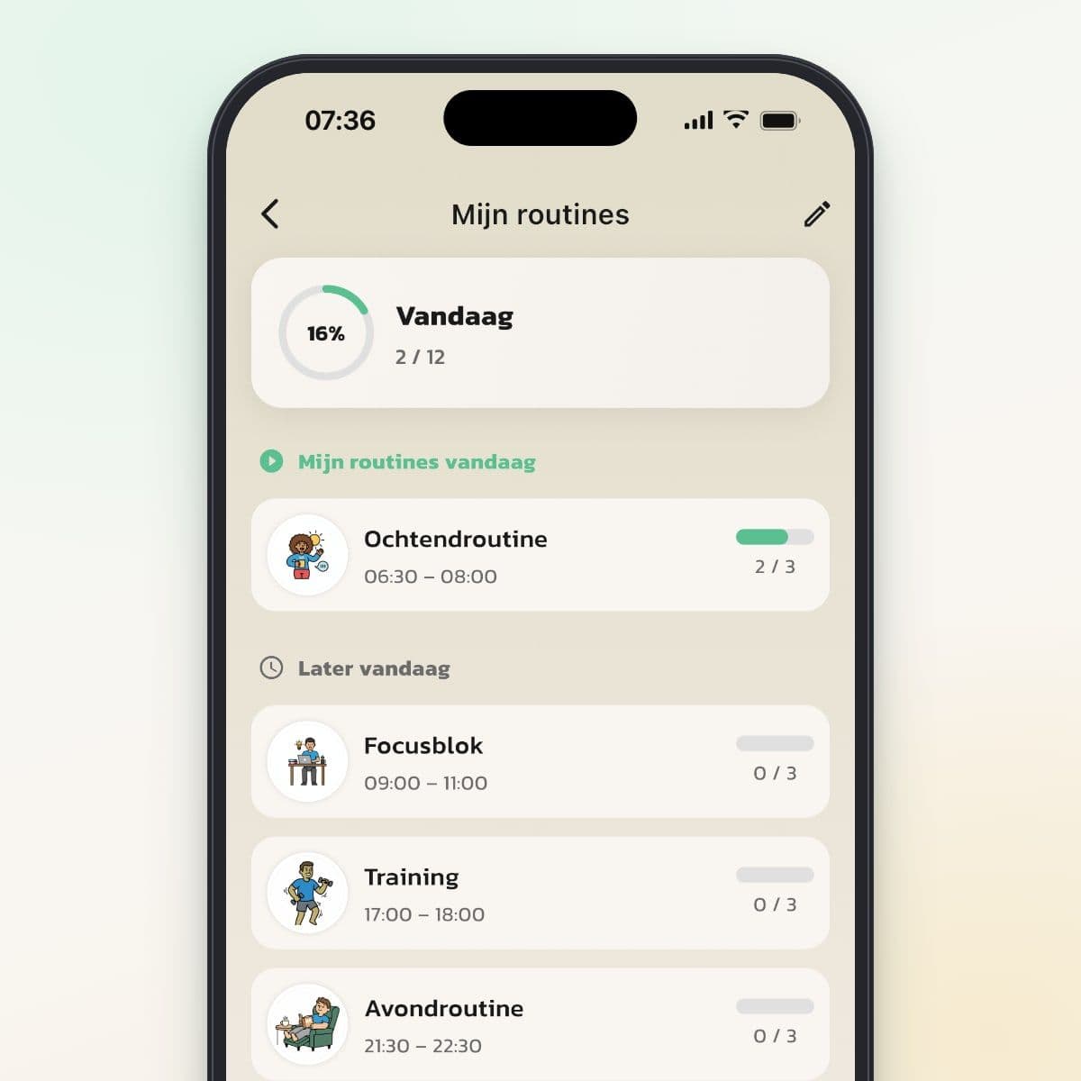 De eigen routines van vandaag in Routined: Ochtendroutine is nu bezig, Focusblok, Training en Avondroutine komen later