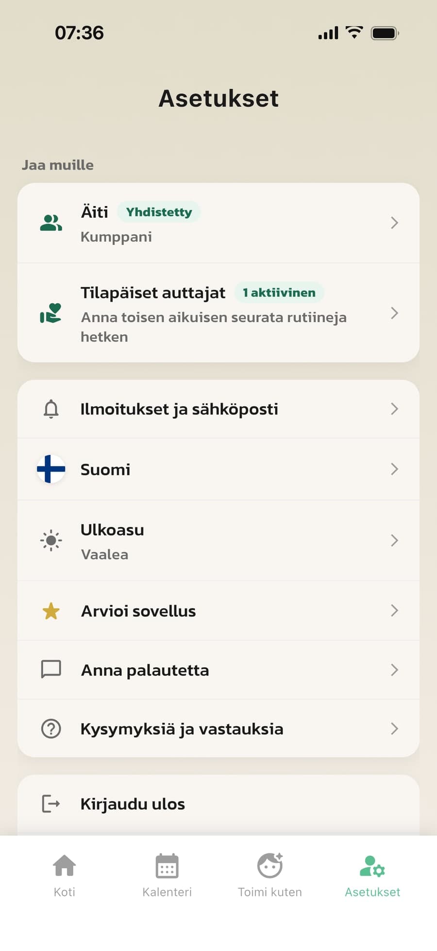 Jaa muille -kohta Routinedin asetuksissa: yhdistetty kumppani ja tilapäinen auttaja